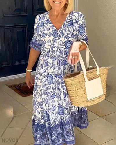 ARIA™ - エレガントなフローラルドレス（Vネック）