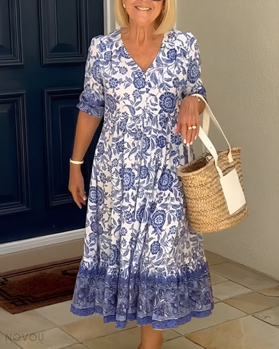 ARIA™ - エレガントなフローラルドレス（Vネック）